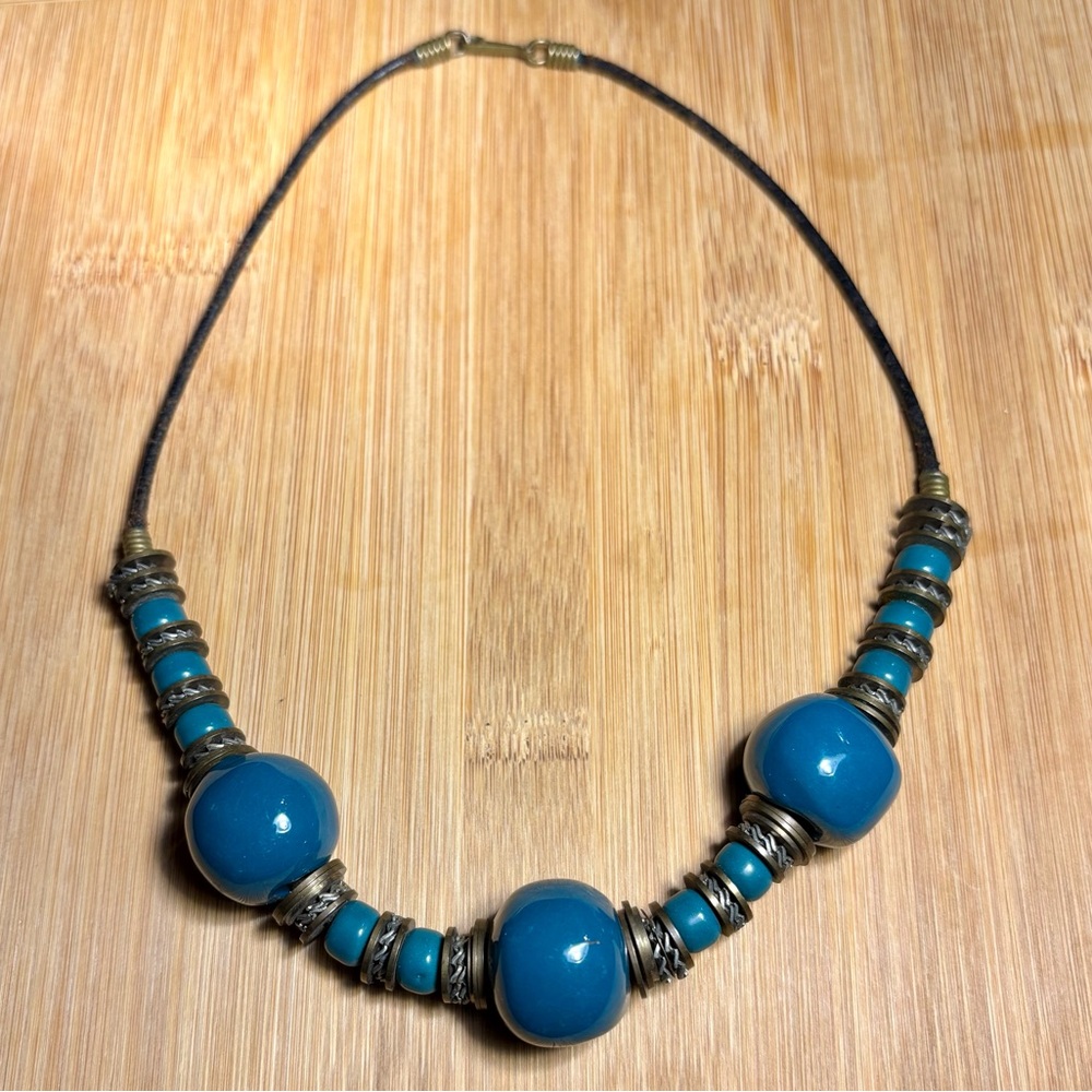 Vintage Peacock Blue Glass Beaded Necklace w/ Antique Brass Accents on Leather